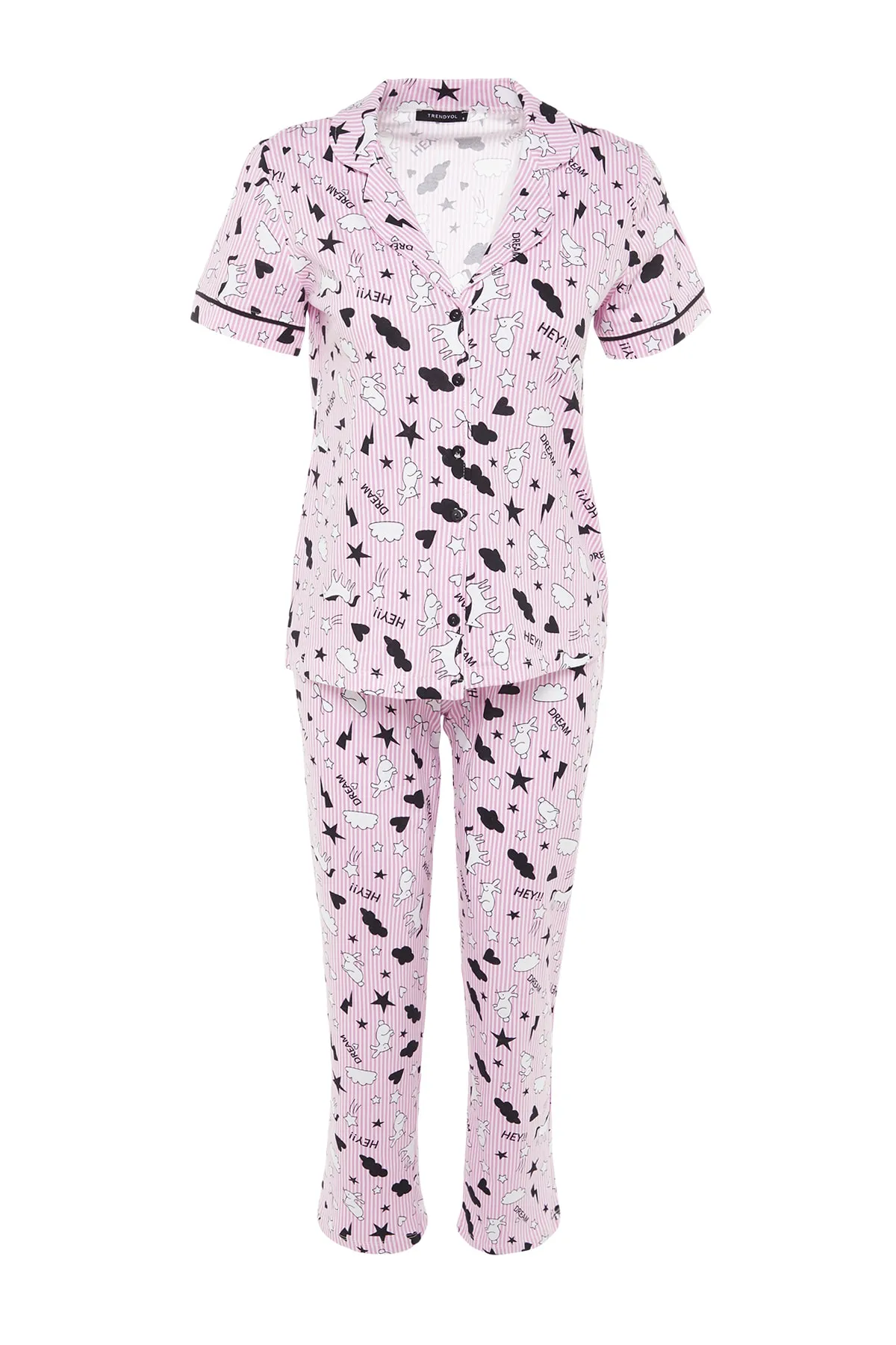 Trendyol Collection  Hellrosa Strick-Pyjama-Set aus 100 % Baumwolle mit Paspeln und grafischem Muster aus Hemd und Hose THMSS19IP0037