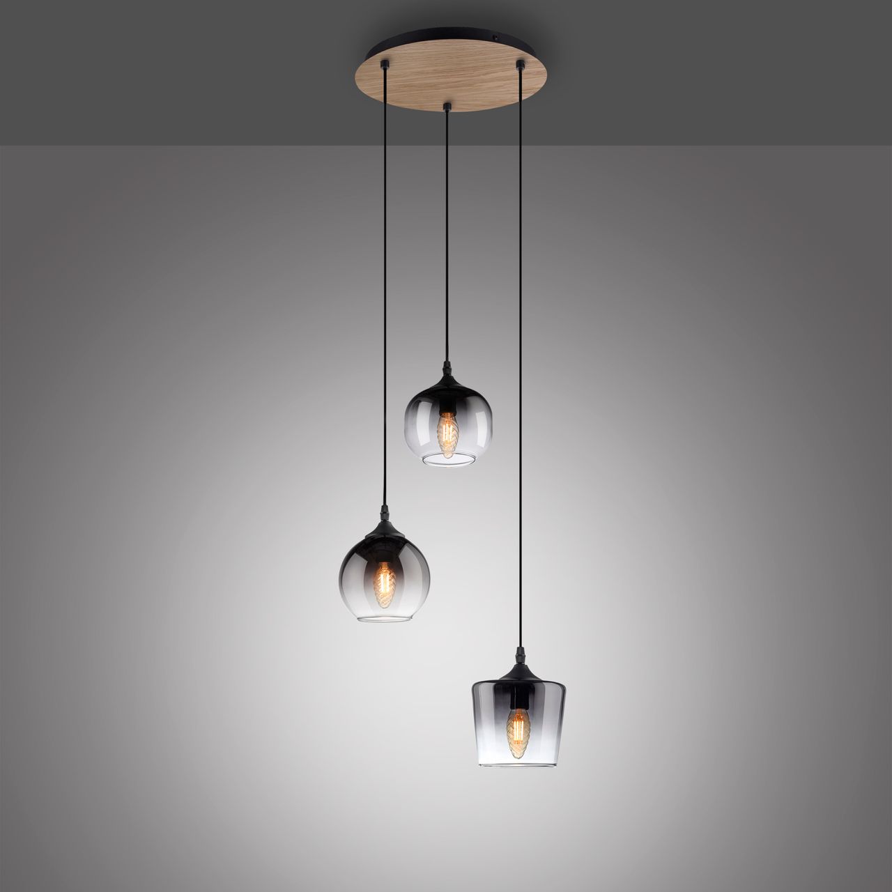 JUST LIGHT Pendelleuchte GREEN ZEA, 3x E14/25 Watt max., rauchfarbene Gläser, Holz-natur