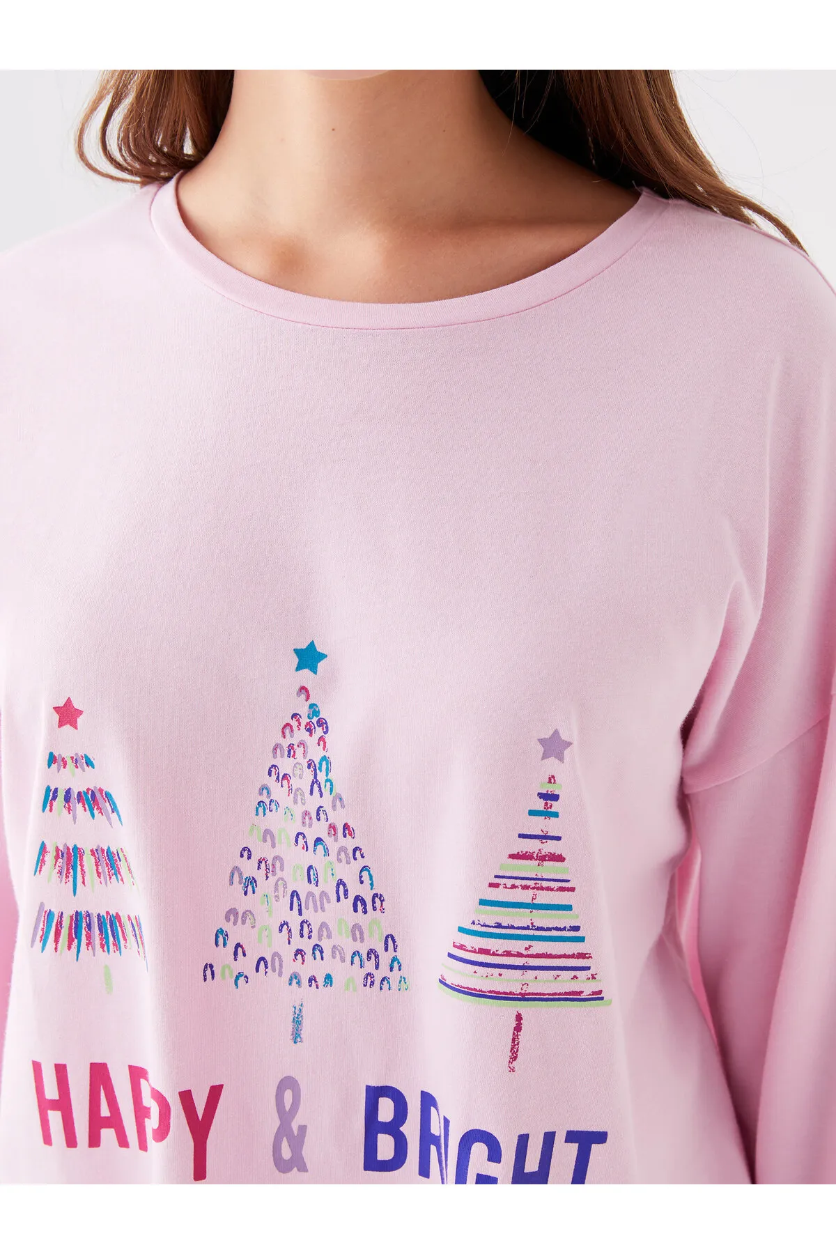 LC Waikiki  Bedrucktes Langarm-Damenpyjama-Set mit Rundhalsausschnitt