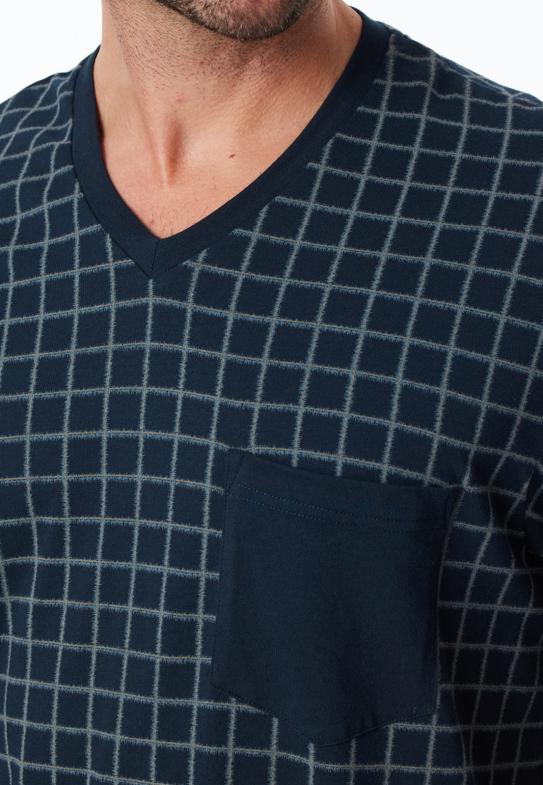 Schlafanzug lang Bündchen jeansblau kariert - Comfort Nightwear