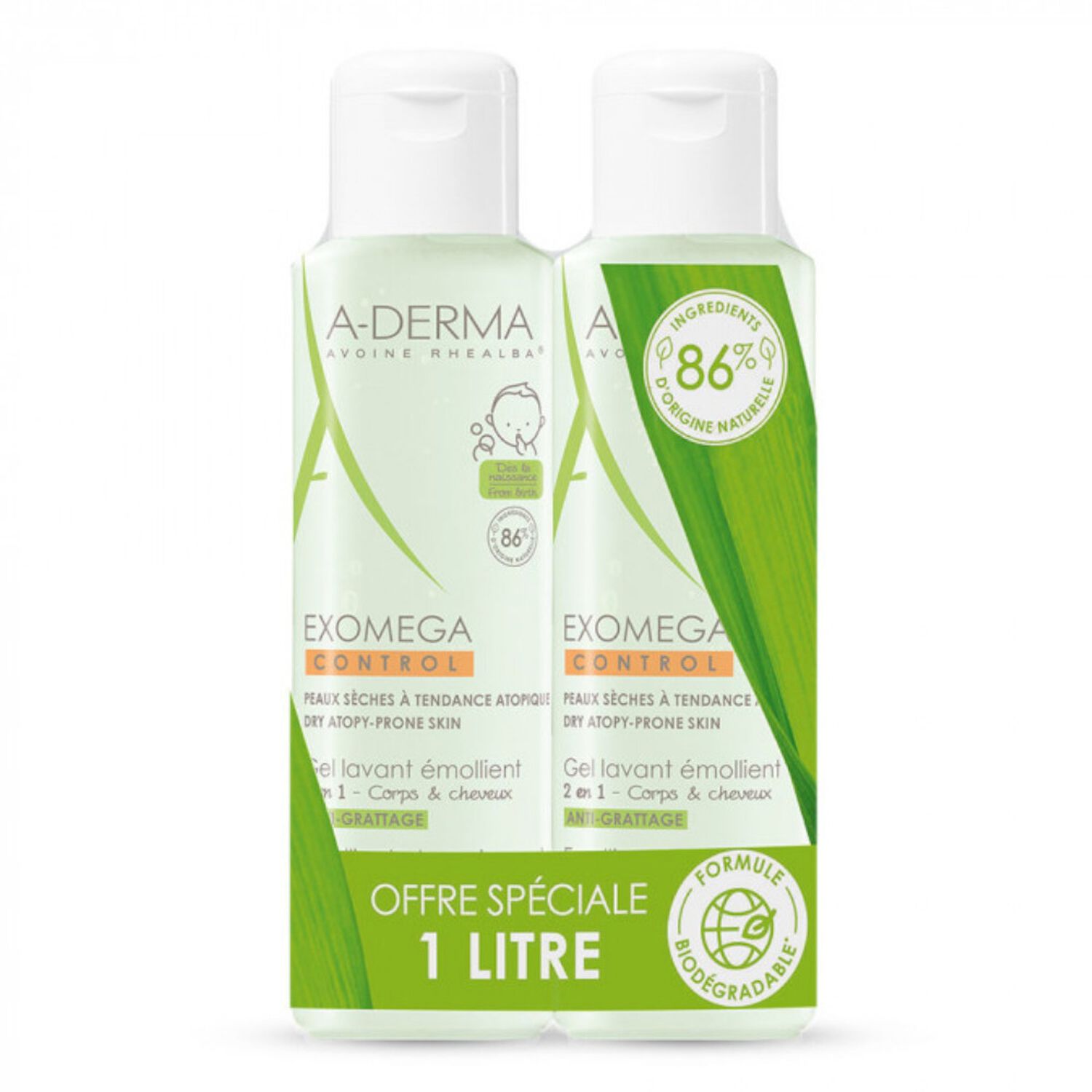 a-derma Exomega Control Gel Lavant Emollient 2 en 1 Anti-Grattage 2x500 ml
