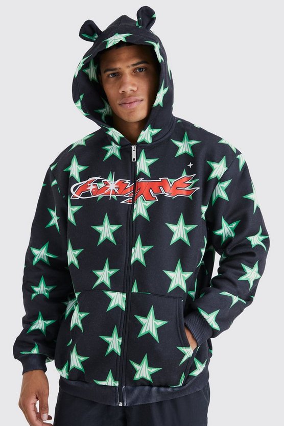 Oversize Hoodie mit Bärenohren-Print und Reißverschluss