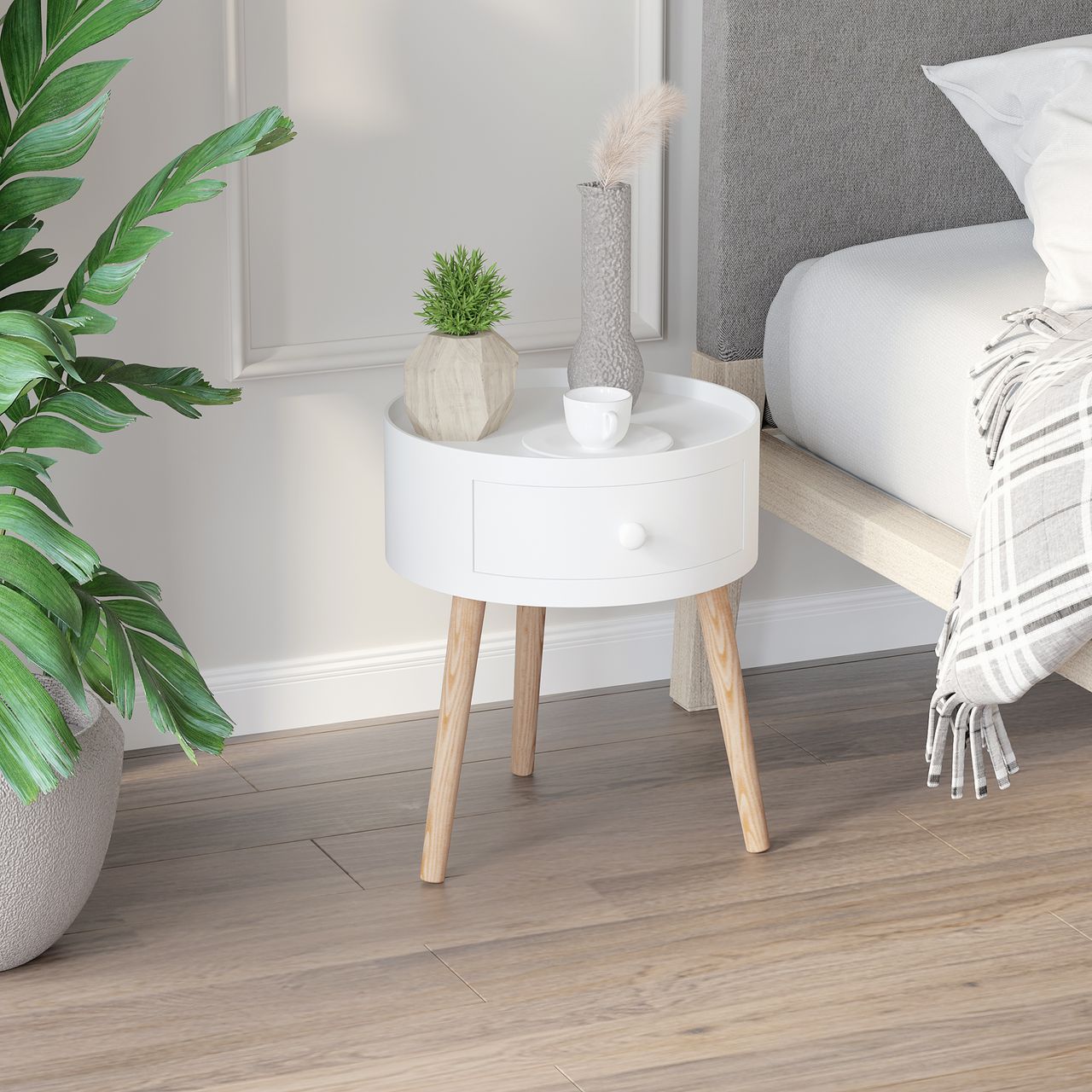 HOMCOM Couchtisch, Beistelltisch mit Schublade Runder Kaffeetisch bis 50 kg Weiß