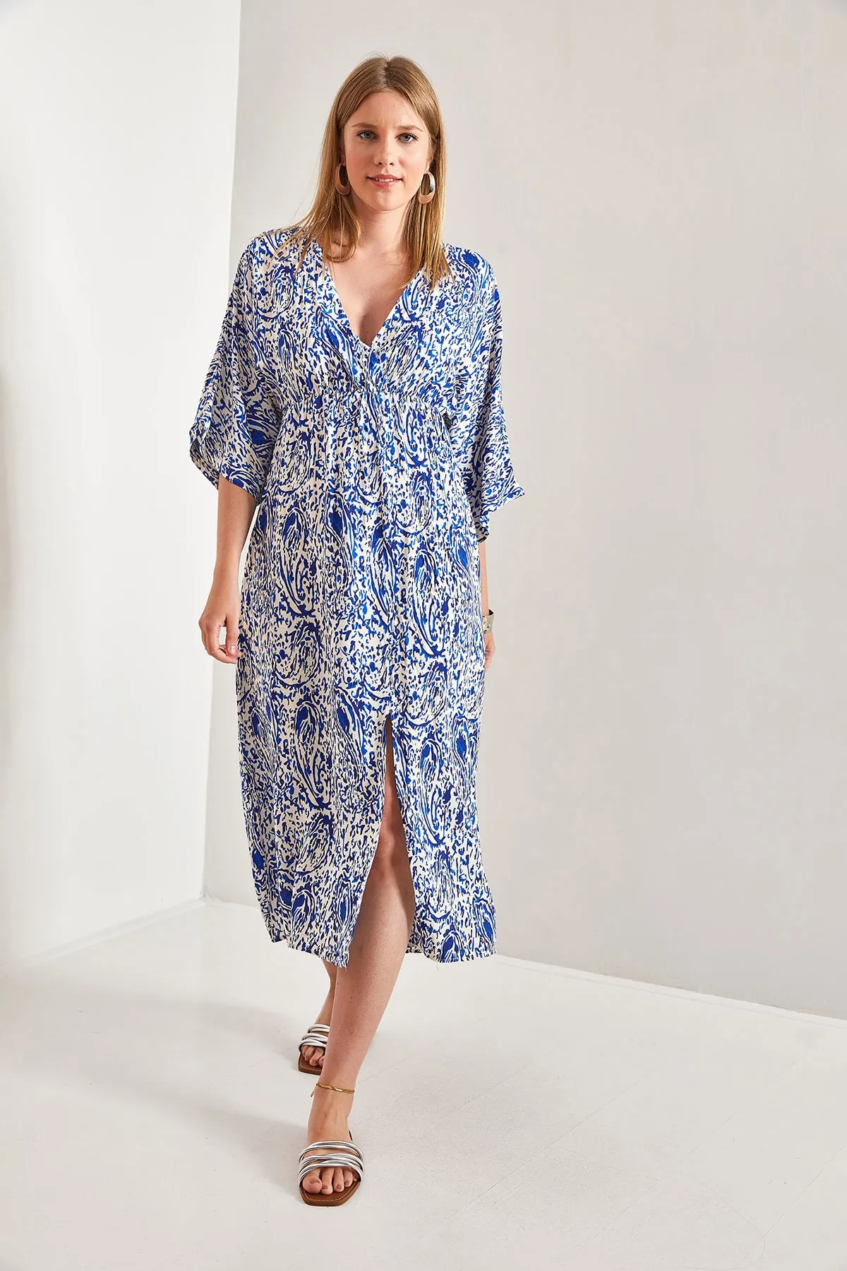 Bianco Lucci  Mehrfarbig gemustertes, zweireihiges, ausgestelltes Kleid mit Kragen für Damen
