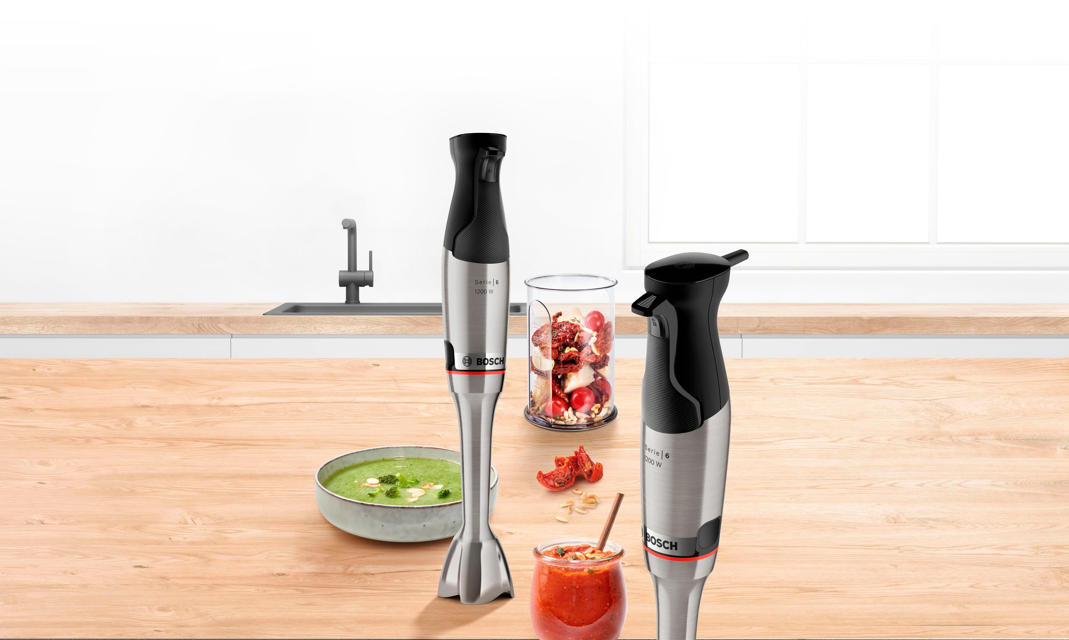 BOSCH Stabmixer ErgoMaster Serie 6, MSM6M810, 1200 W, Edelstahl-Mixstab, Mix-/Messbecher, Edelstahl/schwarz
