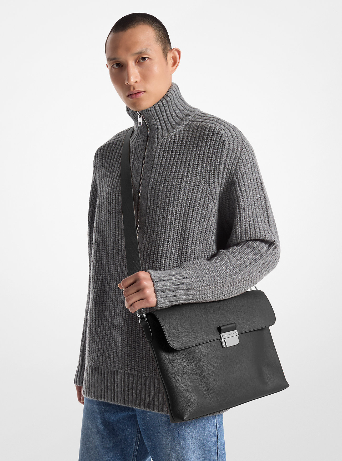 Hudson Pebbled Leather Briefcase - BLACK