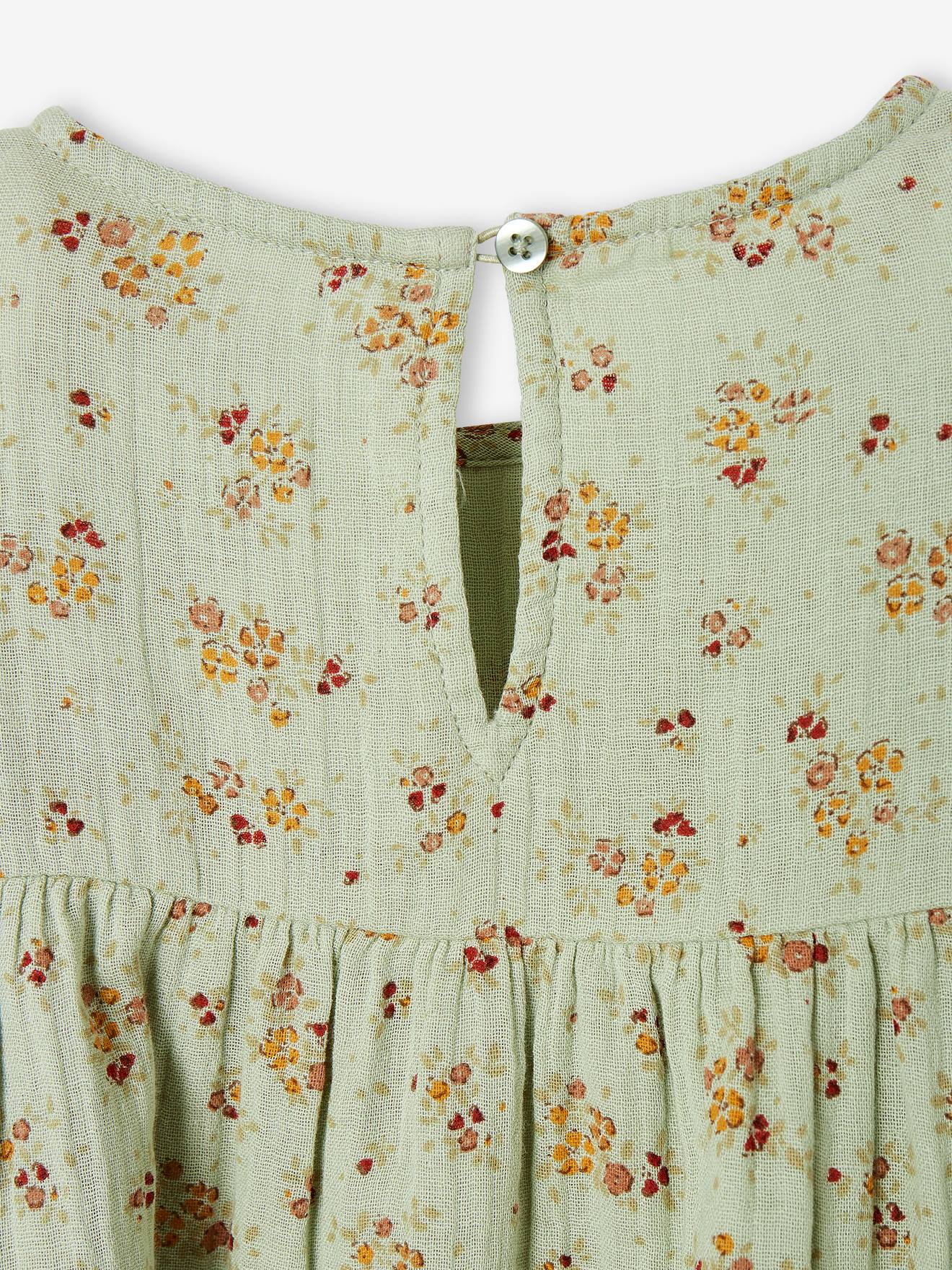 Robe fille en gaze de coton imprimée manches papillon tomette