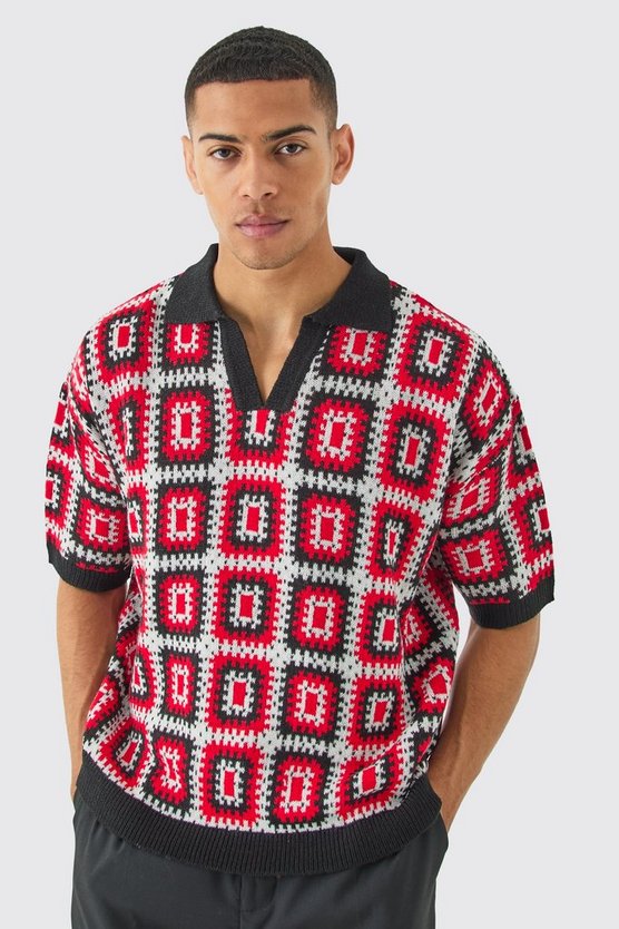 Kurzärmliges kastiges gehäkeltes Poloshirt in Rot