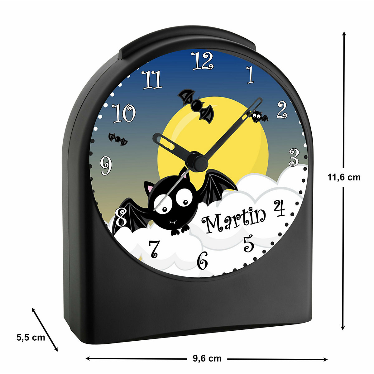 Kinder Funkwecker personalisiert mit Namen Fledermaus Atom-/Funkuhr, 12-Stunden-Anzeigeformat, Schlummerfunktion, Nachtlicht, Geräuschlos/Ohne Ticken