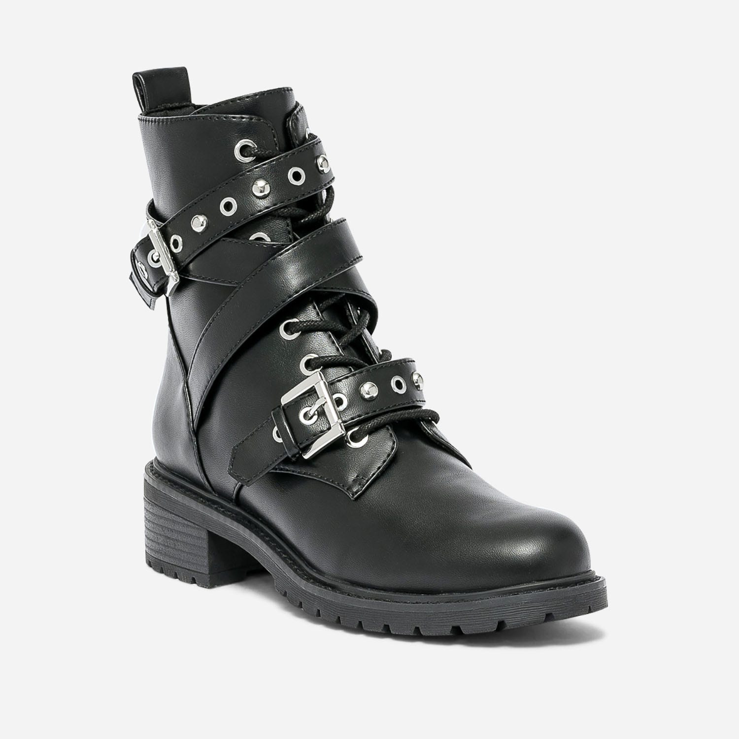 Bottine TEXTO noire à multi brides cloutées