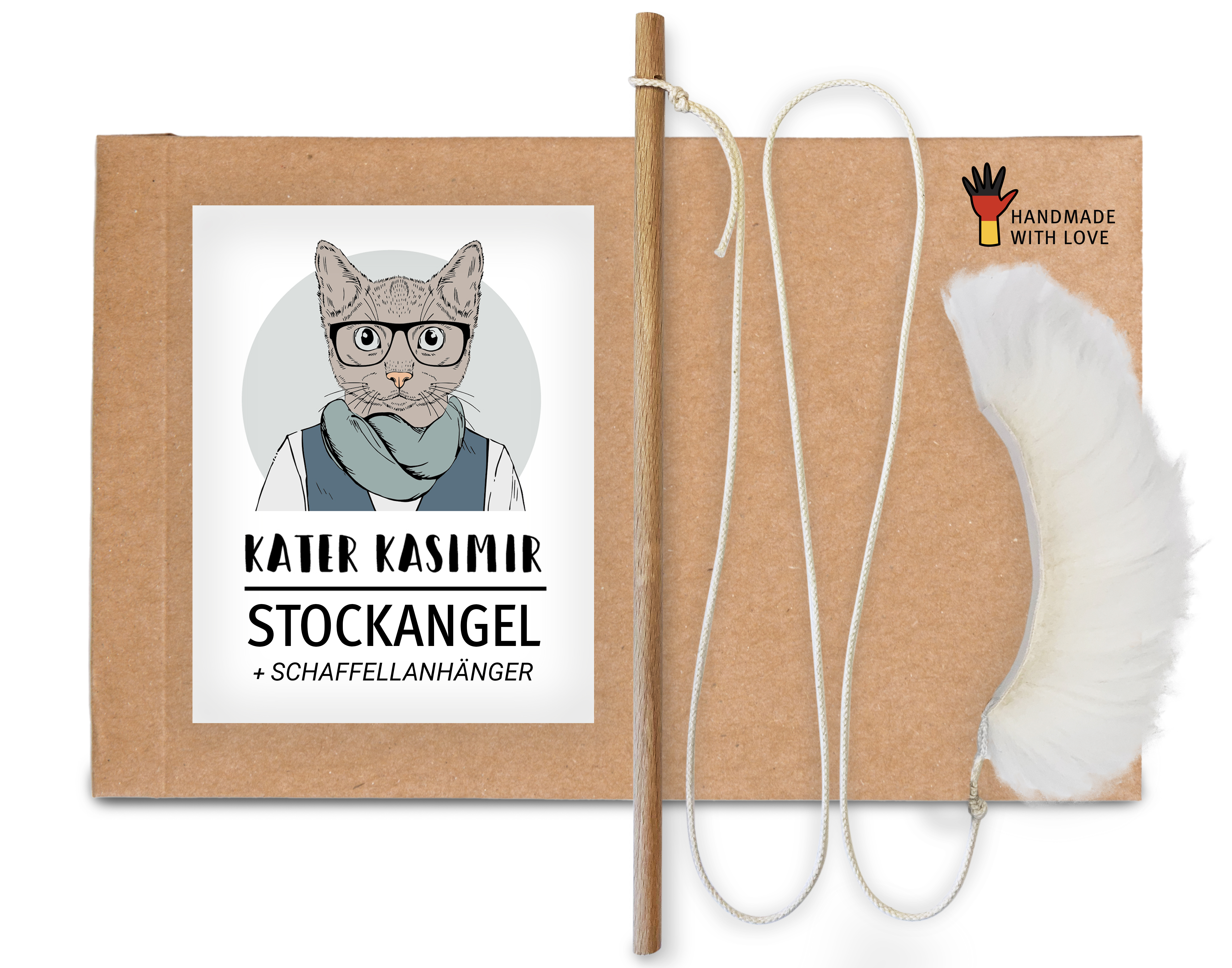 Kater Kasimir Katzenangeln Kater Kasimir Premium Katzenangel aus Buchenholz mit Anhänger aus echtem Schaffell