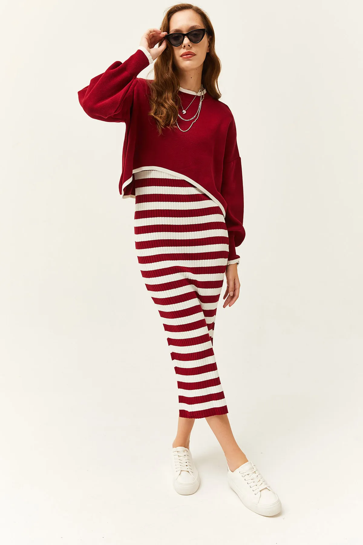 Olalook  Damen-Strickanzug mit Oberteil, Pullover und Unterkleid in Burgunderrot TKM-19000237