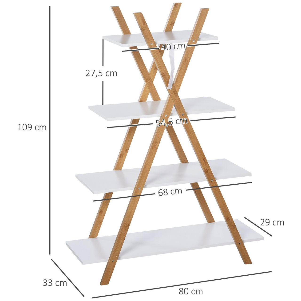 HOMCOM kleankin Badregal, 4 Ebenen Treppenregal, Leiterregal, Badezimmer, Bambus, Natur Weiß, 80 x 33 x 109 cm