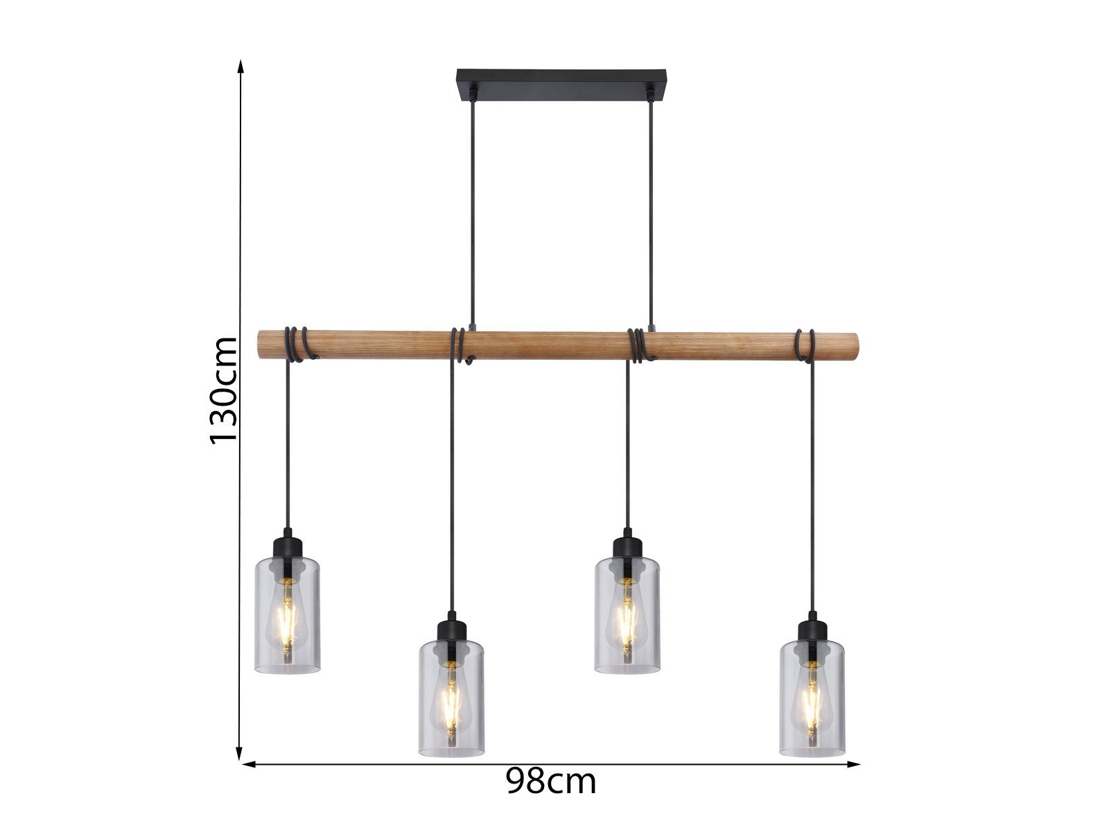 meineWunschleuchte LED Pendelleuchte, Leuchtmittel stufenweise über Wandschalter dimmbar, LED wechselbar, warmweiß, Designer-lampen Balken-lampe Rauchglas & Holz-balken hängend, B 98cm