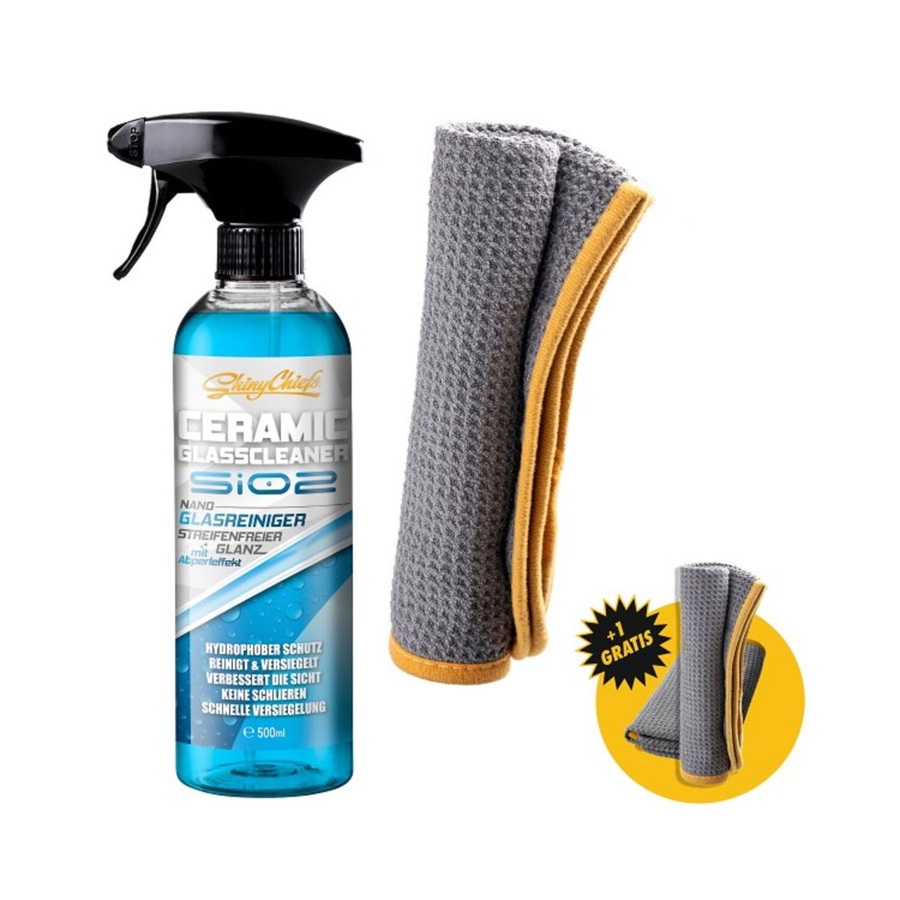 ShinyChiefs CERAMIC GLASSCLEANER - NANO SIO2 GLASREINIGER 500ML   WAFFLE TOWEL SET