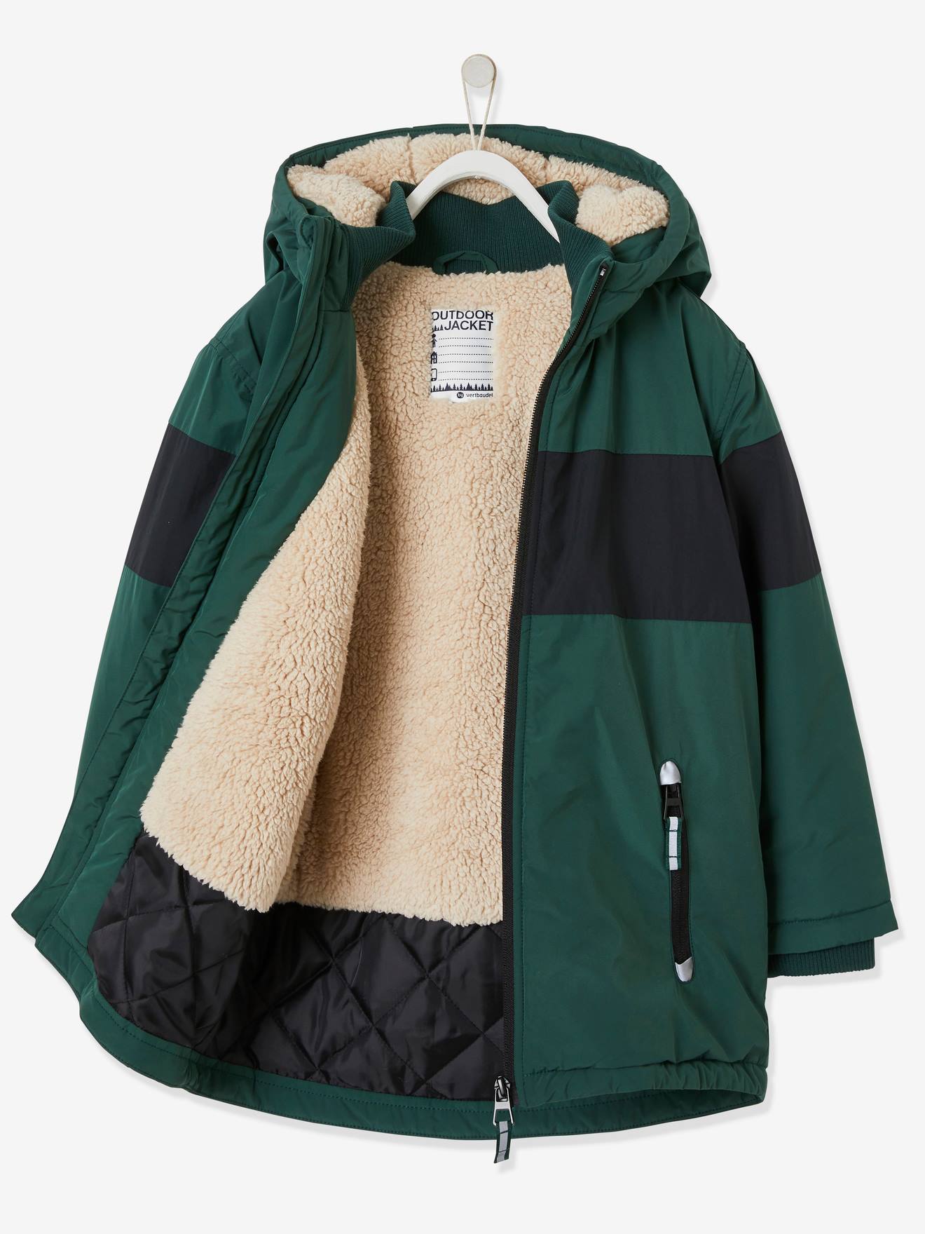 Parka longue à capuche color block garçon. vert