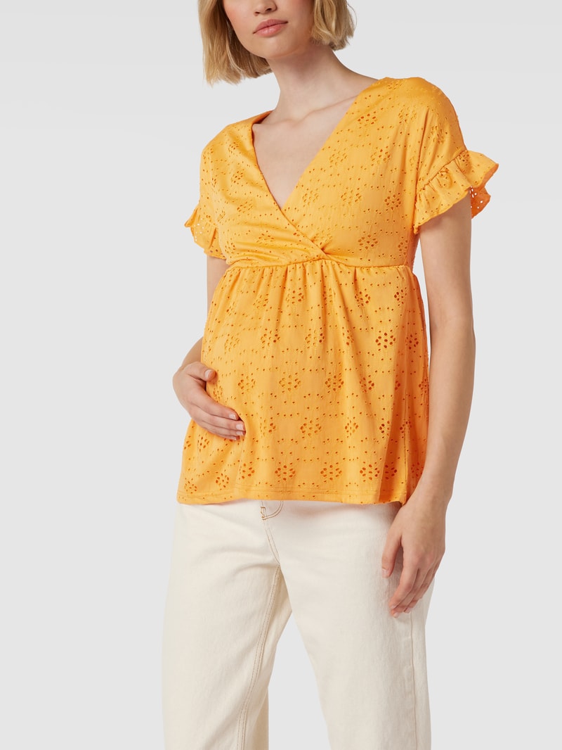 Umstands-Bluse mit floralen Lochstickereien in senfgelb