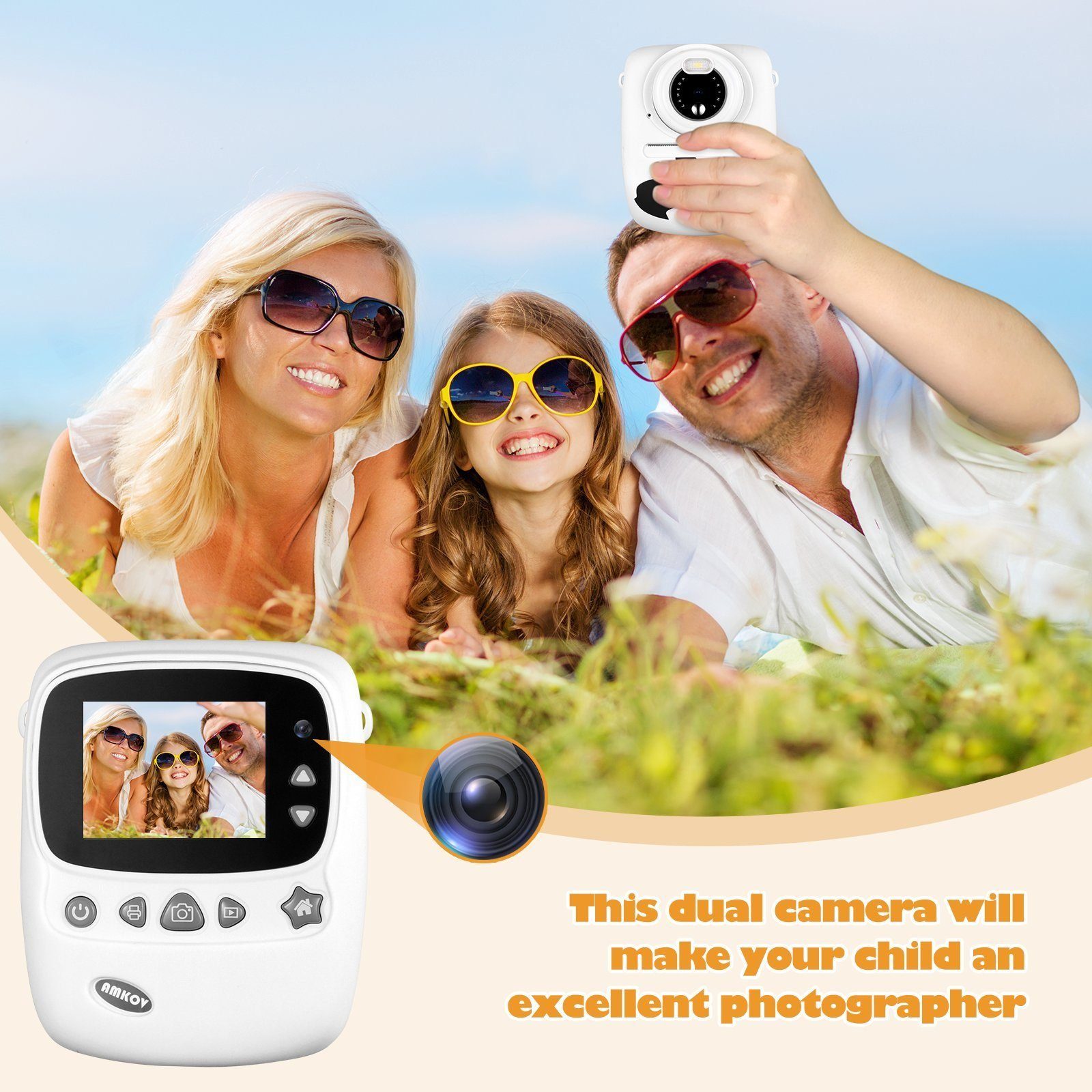 DOTMALL CD-P01B Kinderkamera (30 MP, 16x opt. Zoom, WLAN (Wi-Fi) Kinderkamera (inkl. 6 farbigen Pinselstiften + 2 Rollen Druckpapier + Aufkleber, Videoaufnahmen mit Ton in Full HD, 30 MP, 16x opt. Zoom, WLAN (Wi-Fi), Zusätzliche 32 GB SD-Speicherkart