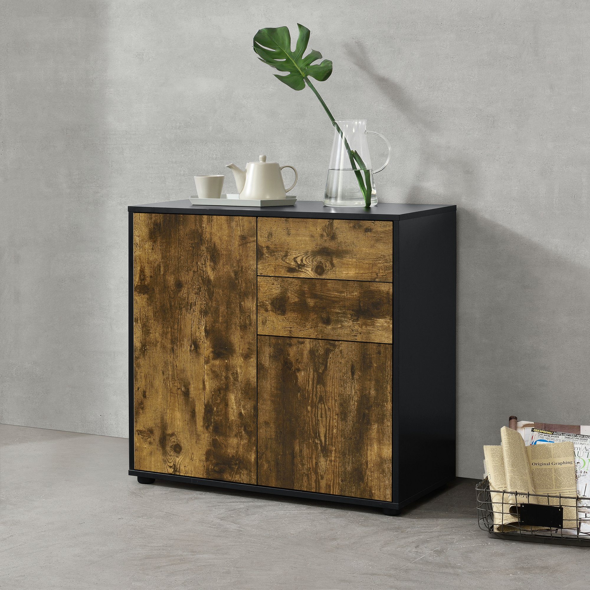 en.casa Sideboard, Paarl Kommode, 2 Türen, Schwarz/Eiche Dunkel
