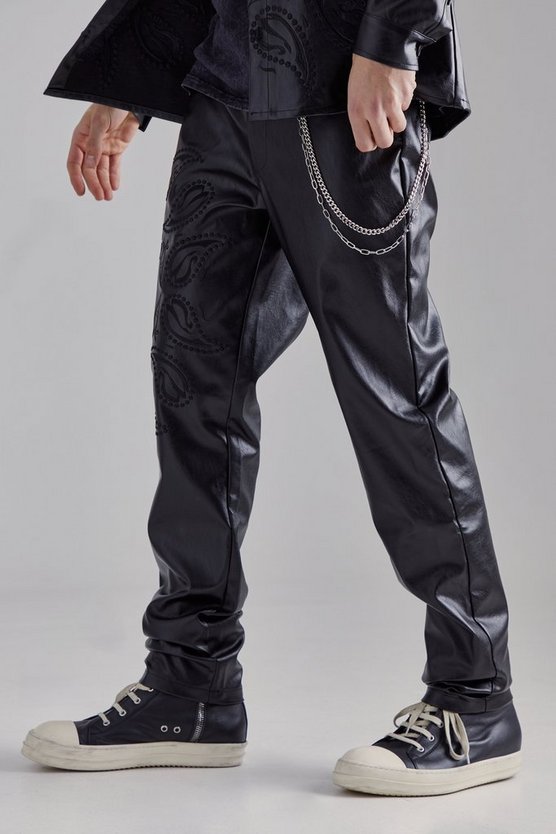 Schmale PU-Hose mit Paisley-Stickerei