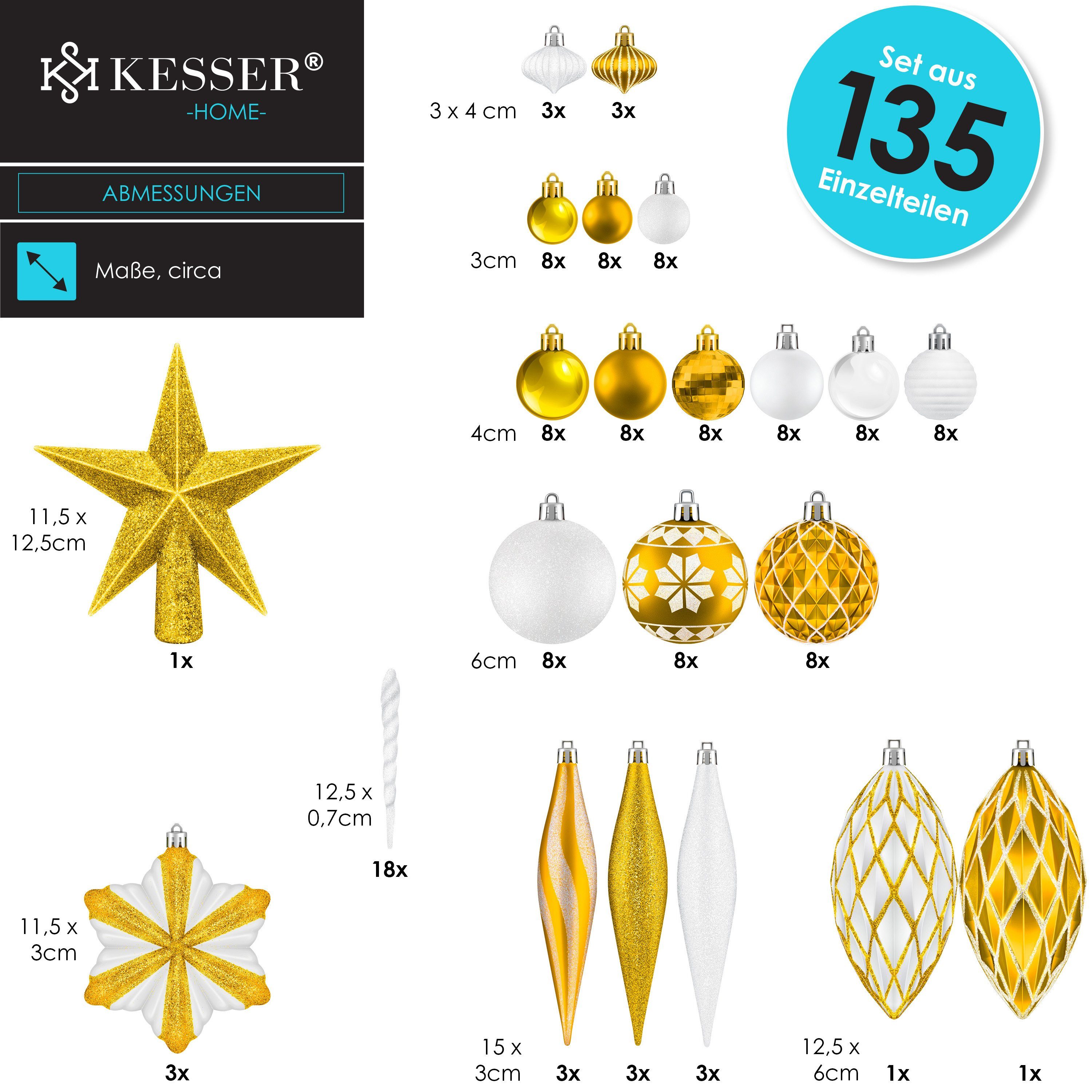 KESSER Christbaumschmuck (135-tlg), Weihnachtskugeln 105-teiliges Set Baumspitze Christbaumkugeln