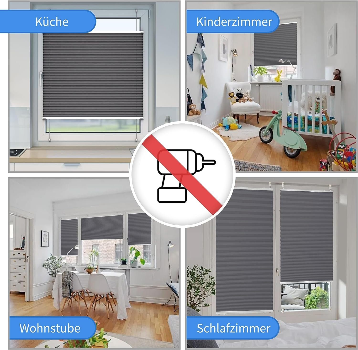 Plissee Faltrollo Ohne Bohren, OUBO, Klemmträger,Easyfix, Lichtschutz, verspannt, Klemmfix, Jalousie für Fenster & Tür, einfach Montage