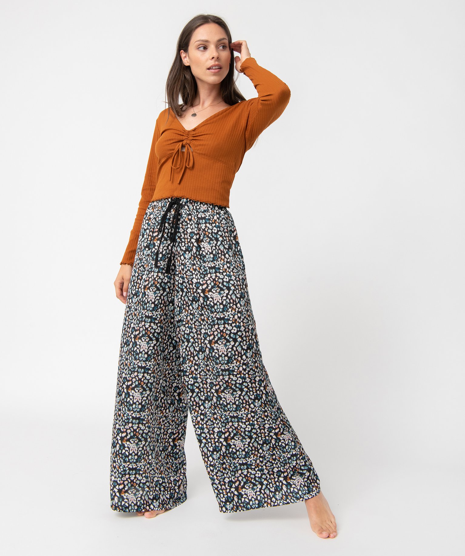Haut de pyjama femme court à manches longues et col V marron | GEMO