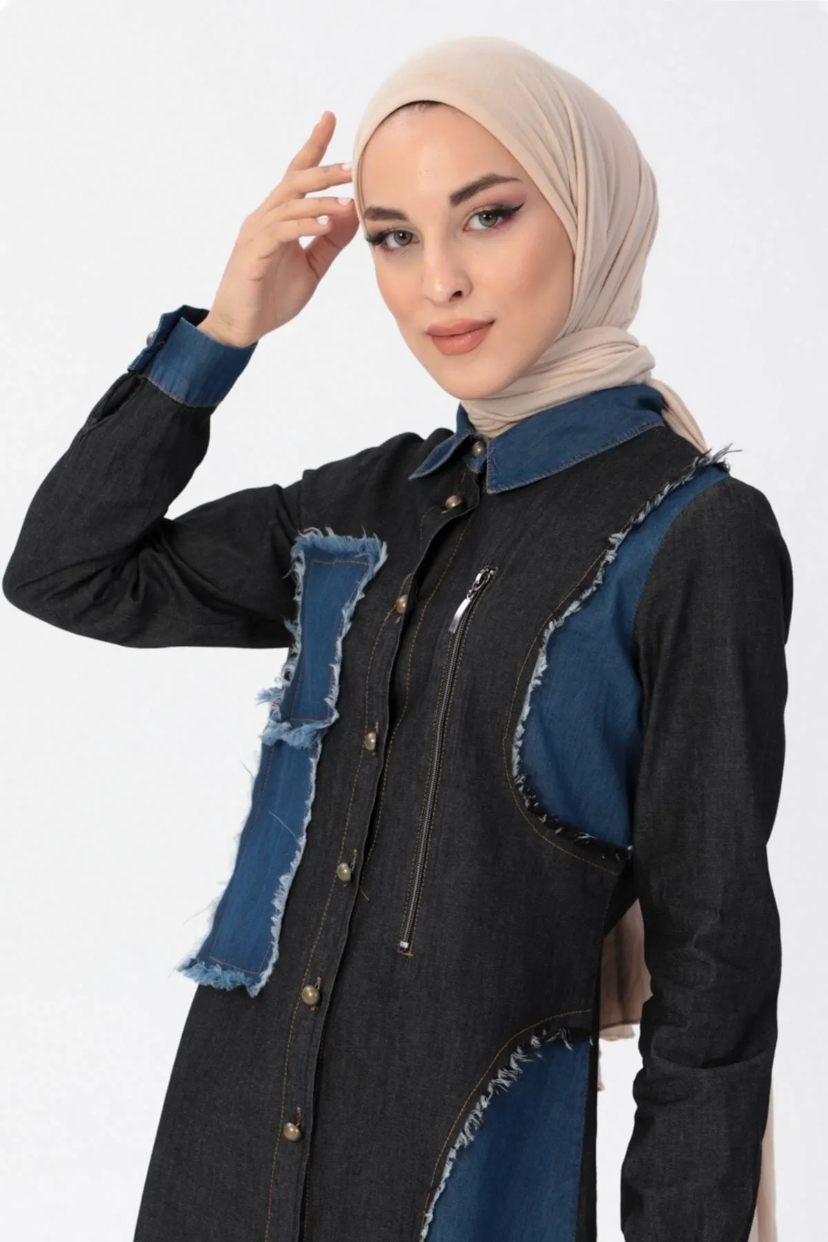 Modamihram  Reißverschluss-detaillierte Hijab-Denim-Kombination Schwarz 10074