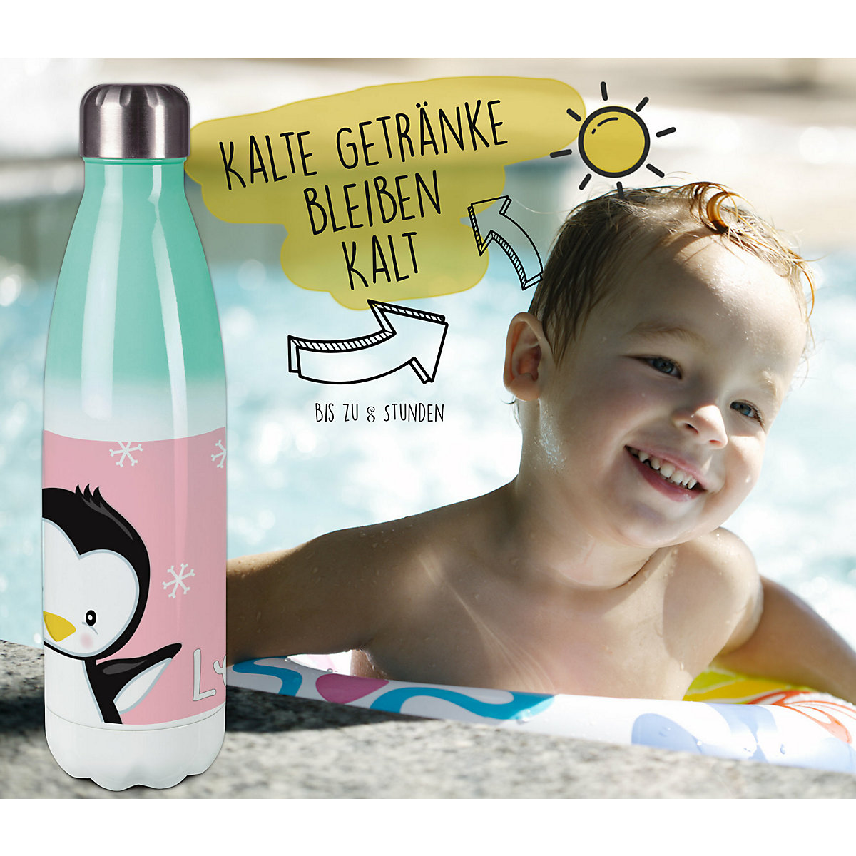 Edelstahl Kinder Thermoflasche / Trinkflasche bunt Pinguin Farbe rosa Spülmaschinenfest, Auslaufsicher, Bruchfest, Doppelwandig, Für Heißgetränke geeignet, Mit Deckel, Isoliert