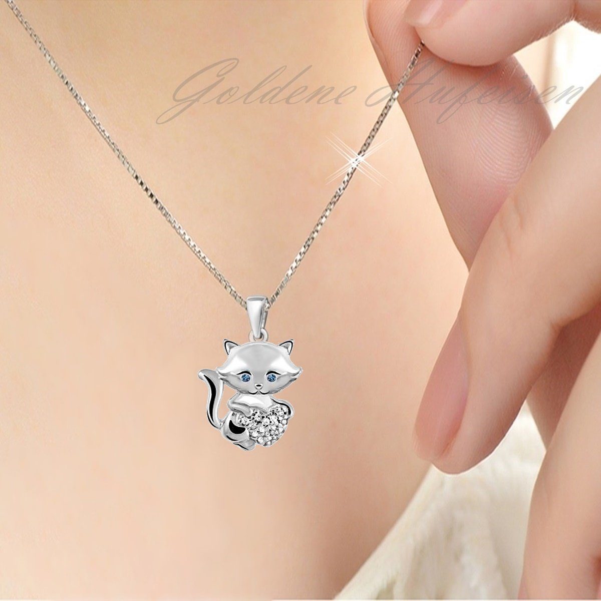 Goldene Hufeisen Kette mit Anhänger Katze mit Herz Halskette aus 925 Silber mit Zirkonia (2-tlg, inkl- Etui), Rhodiniert