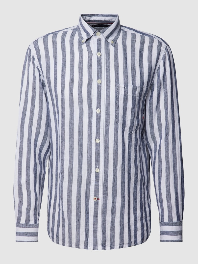 Freizeithemd aus Leinen mit Brusttasche Modell 'BRETON' in marineblau