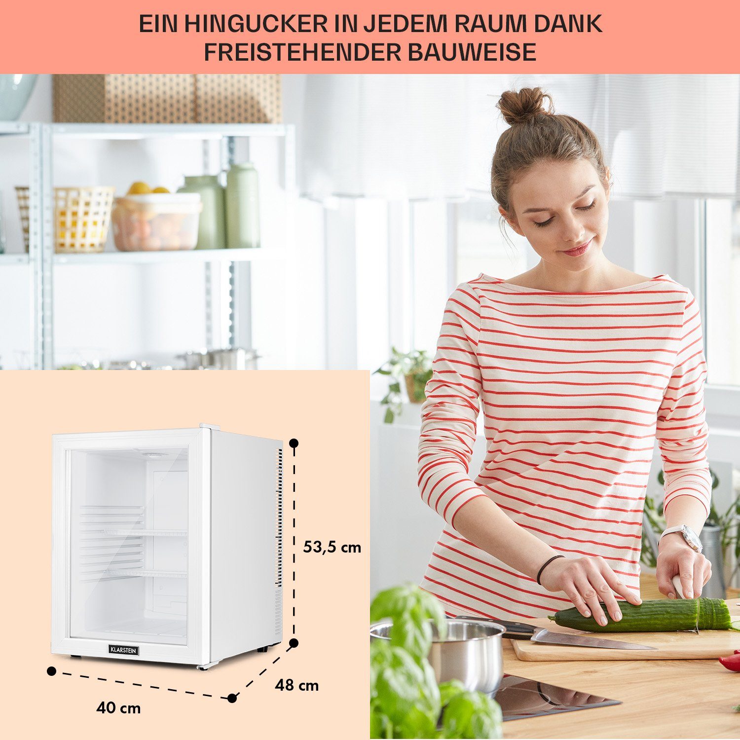 Klarstein Table Top Kühlschrank HEA-Brooklin-50Wht 10035227A, 53.5 cm hoch, 40 cm breit, Hausbar Minikühlschrank ohne Gefrierfach Getränkekühlschrank Glastür