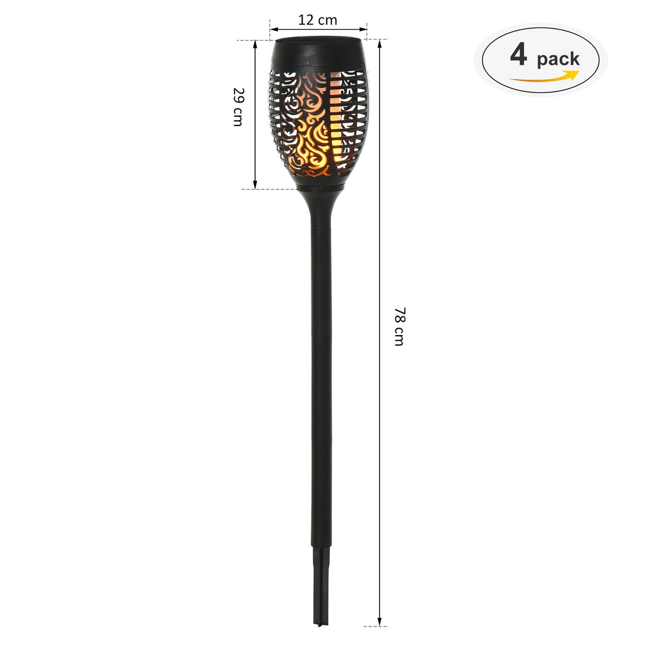 Outsunny Solarleuchte Gartenlicht 4er-Set Lampe 6–8 h IP44 Wasserfest Kunststoff Schwarz Ø12 x H78 cm