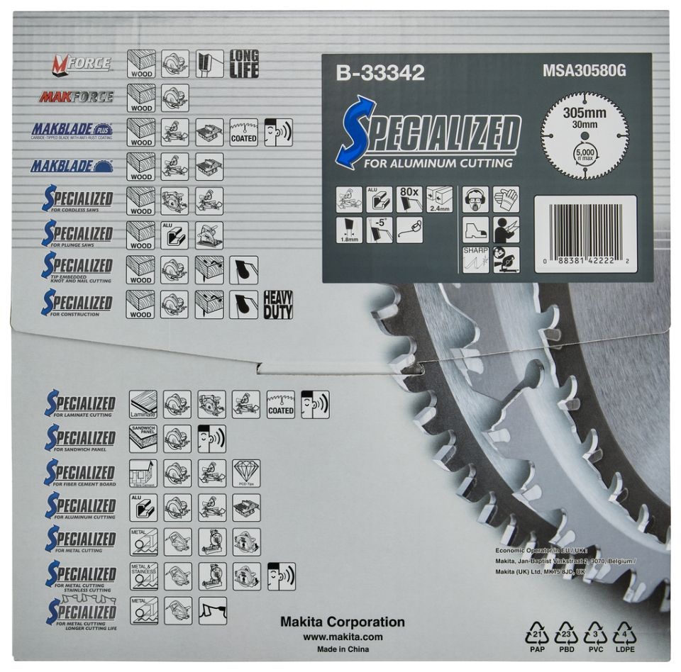 Makita Tilbehør B-33342 Kappesagblad Specialized Aluminum TCG 305 x 30 x 2,4 mm T80