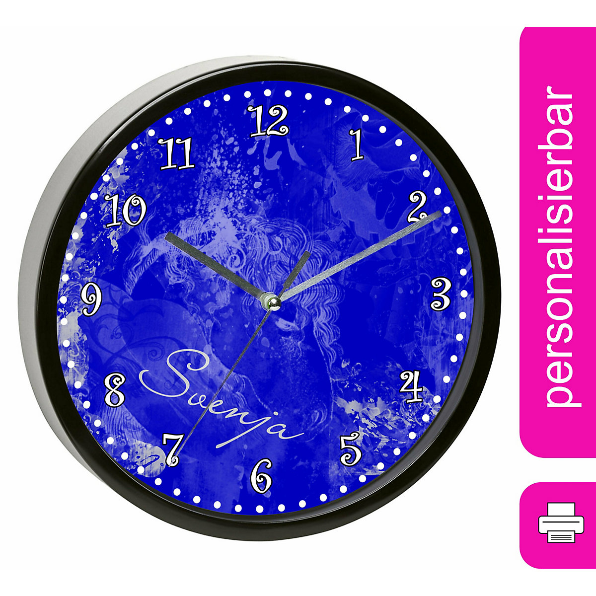 Kinder Wanduhr laufruhig personalisiert mit Name Traum Blau