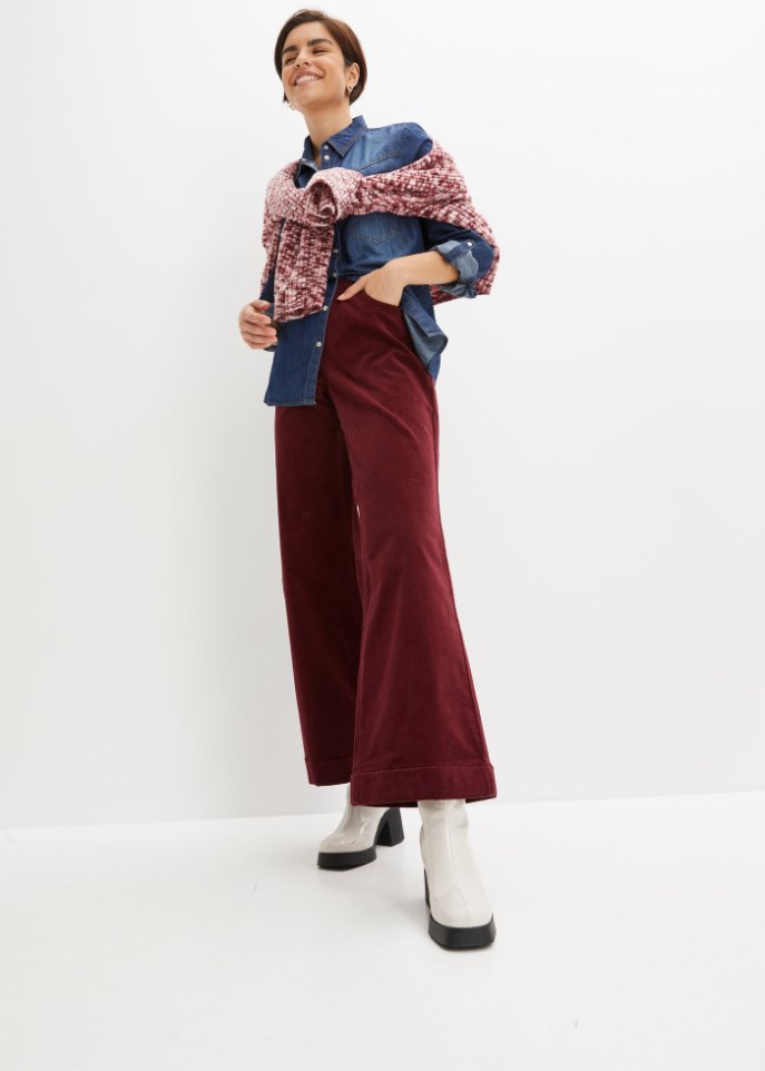 Weite Stretch-Marlenehose mit High-Waist-Schlupfbund aus Cord
