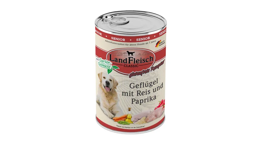 LandFleisch Classic Senior Hundenassfutter Geflügel mit Reis und Paprika mit Gartengemüse 400 g