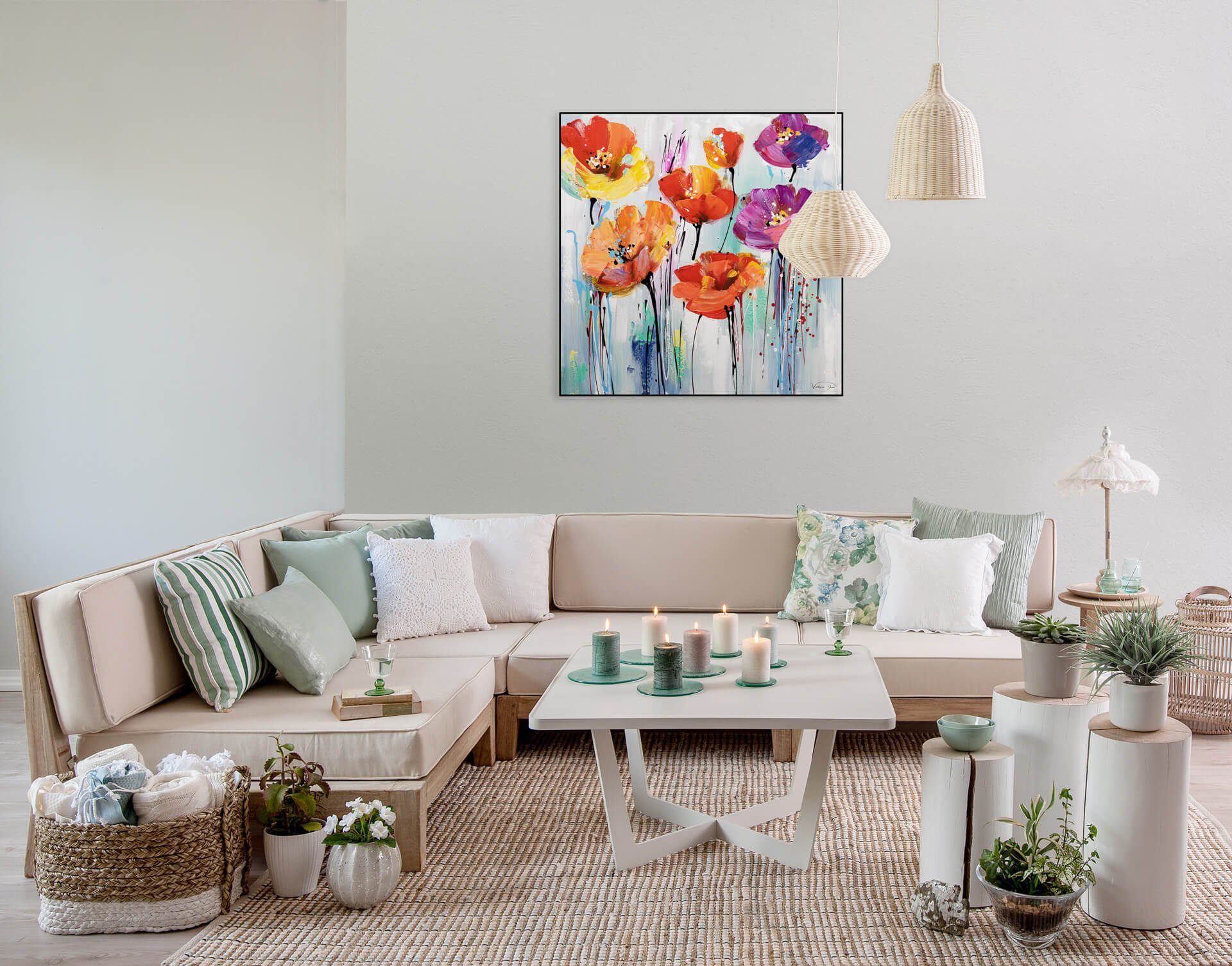 KUNSTLOFT Gemälde Bunter Blumengruß 80x80 cm, Leinwandbild 100% HANDGEMALT Wandbild Wohnzimmer