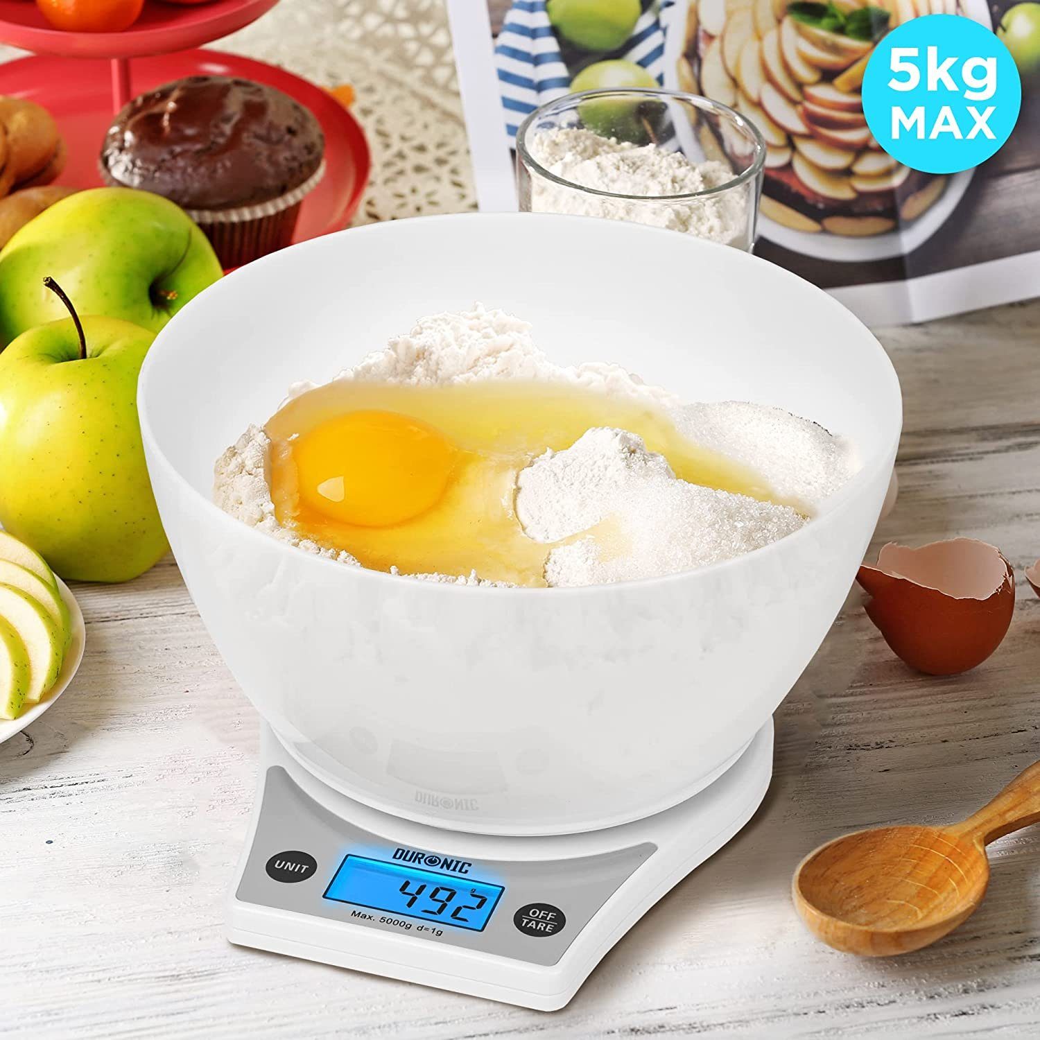 Duronic Küchenwaage, KS6000 WH/WH Küchenwaage, 5 kg Digitalwaage rund mit 2,5 L Schüssel