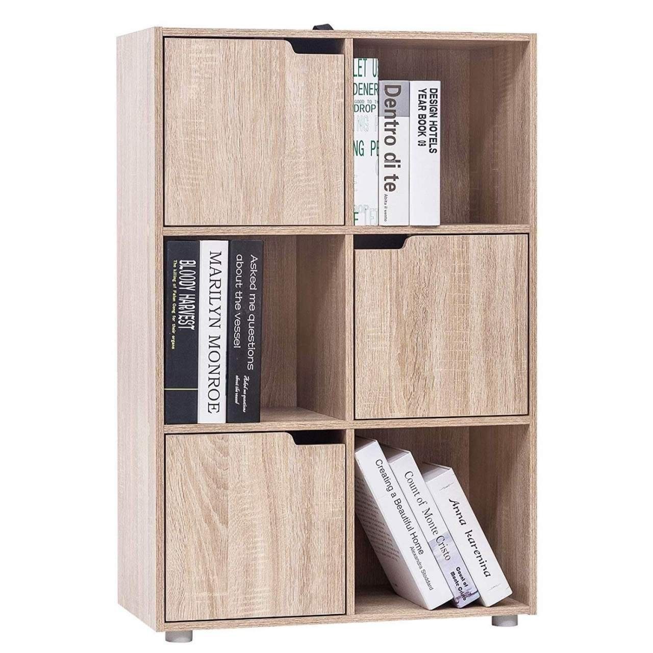 Woltu Bücherregal, 1-tlg., Standregal mit 3 Türen, MDF, 6 Fächer, 60x30x91cm