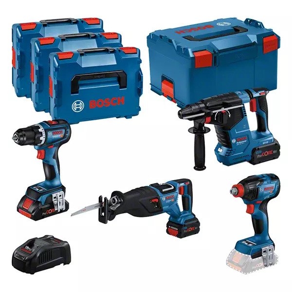 Ensemble combiné Bosch Bleu 0615990N37 18V 4 appareils 1 x 4,0 Ah 2 x 5,5 Ah et chargeur dans un L-BOXX