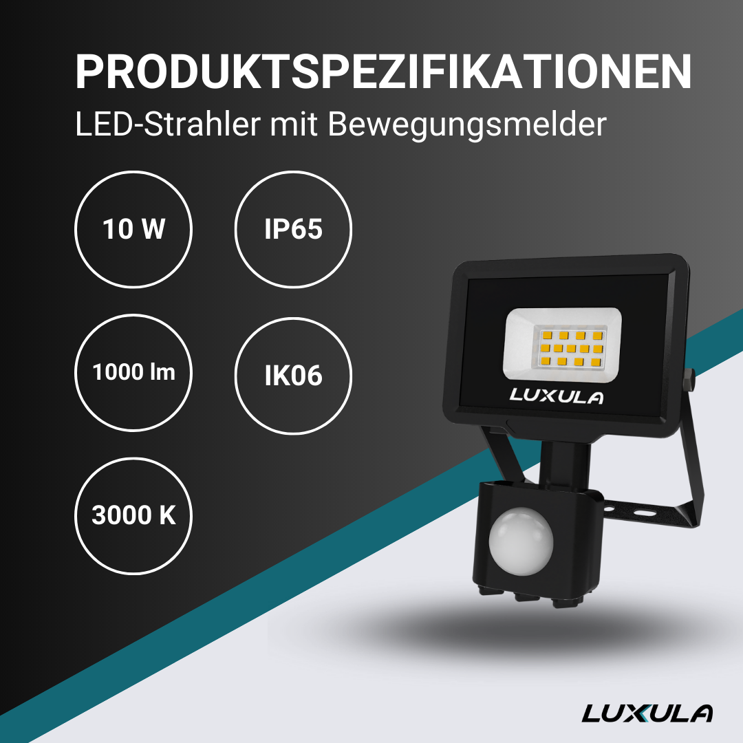LUXULA LED-Fluter mit Bewegungsmelder, 10 W, 3000 K