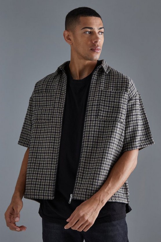 Kurzärmliges kastiges Oversize Jacquard-Hemd