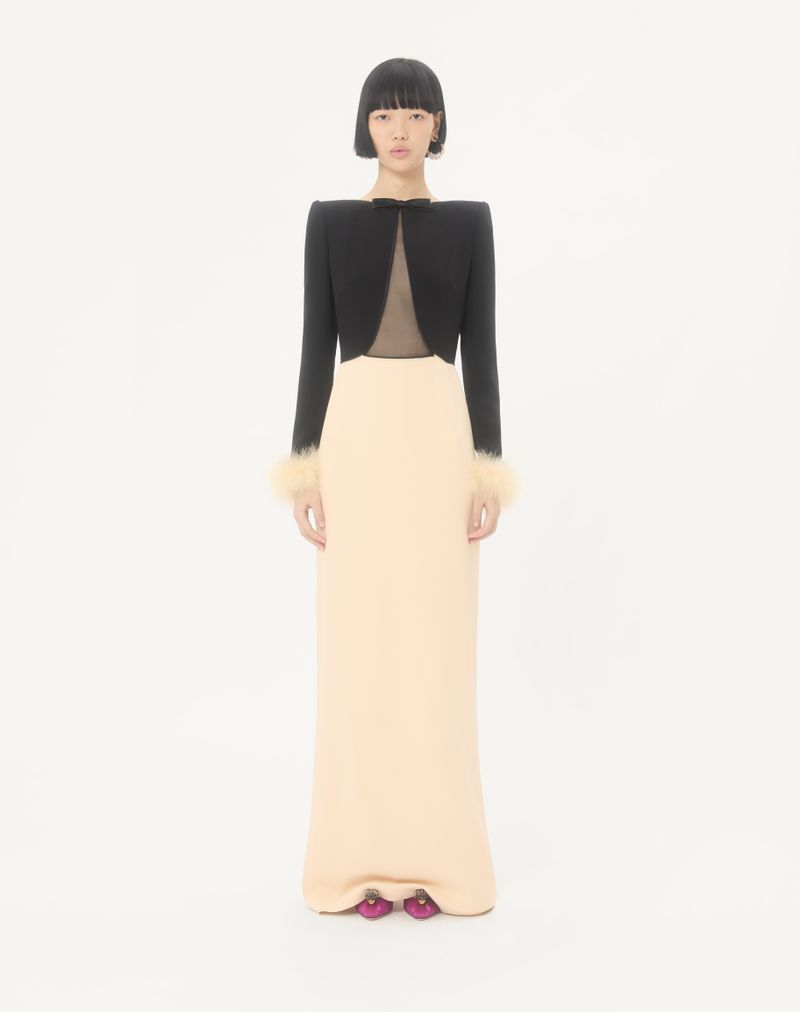 Robe longue Cady Couture ornée de plumes