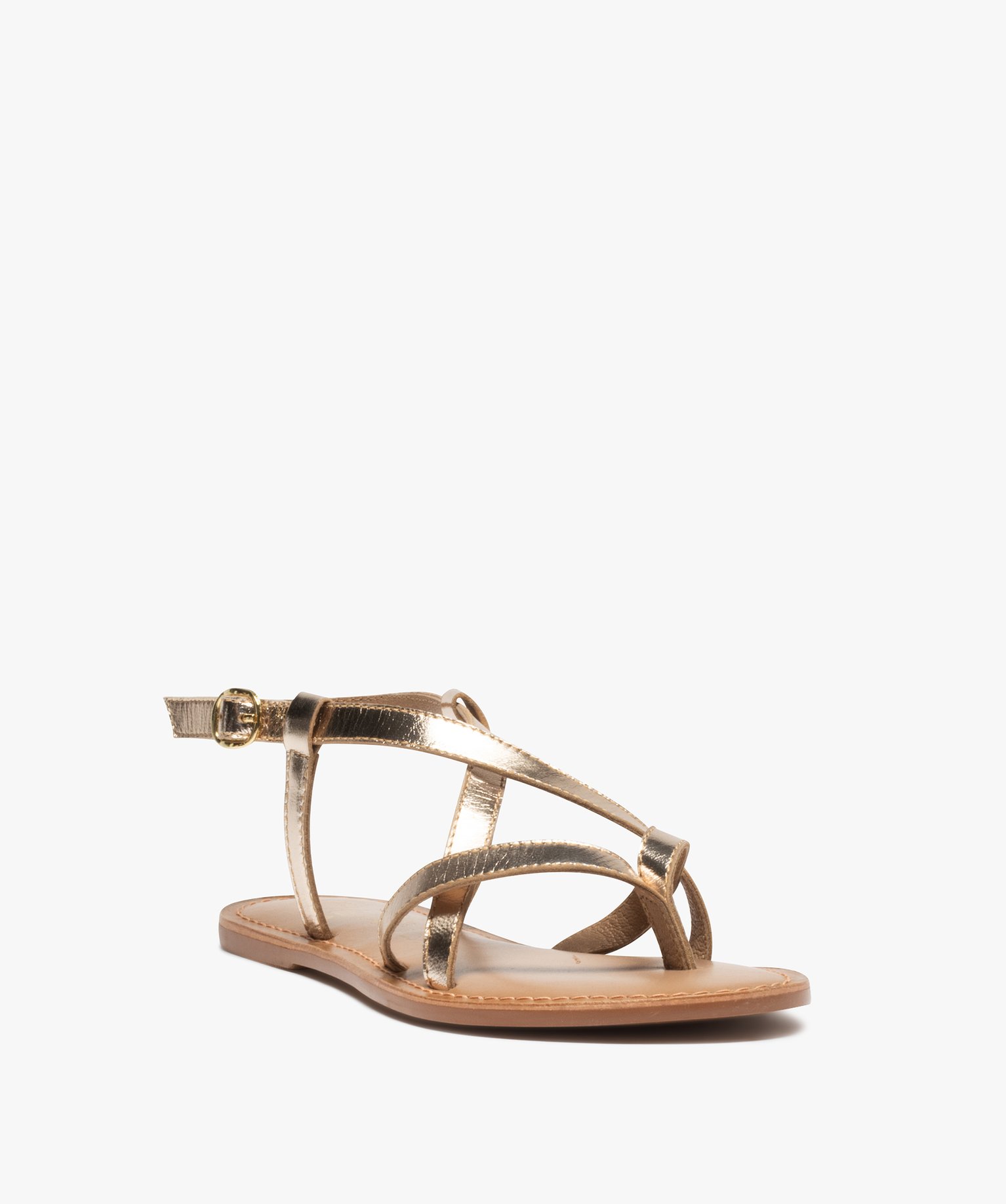 Sandales femme à talon plat et brides fines en cuir uni or | GEMO
