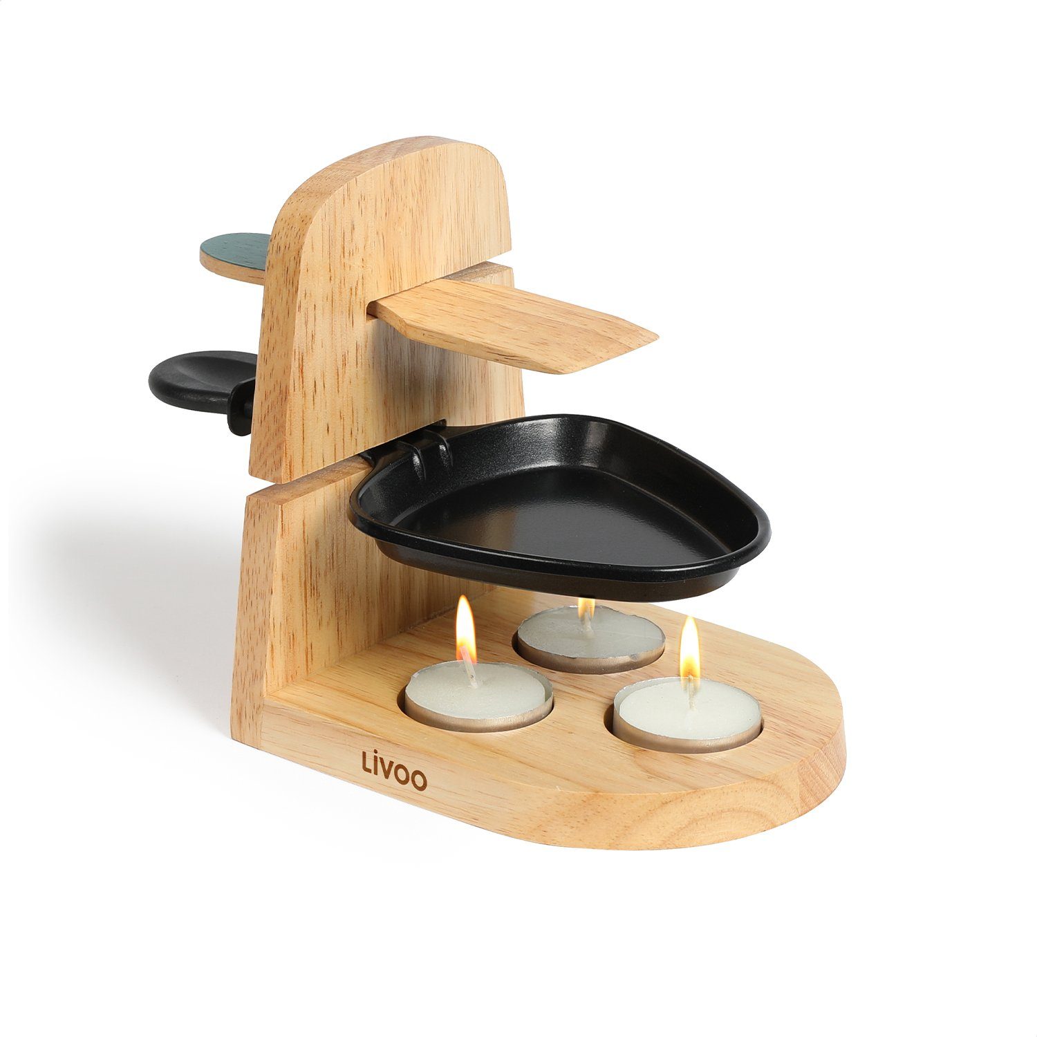 LIVOO Raclette LIVOO Raclette Set 1 Person Teelicht Camping Kerzen Holzspatel MEN397, 1 Raclettepfännchen, Teelichter, Racletteschieber, Raclettepfanne, Ständer aus Gummiholz