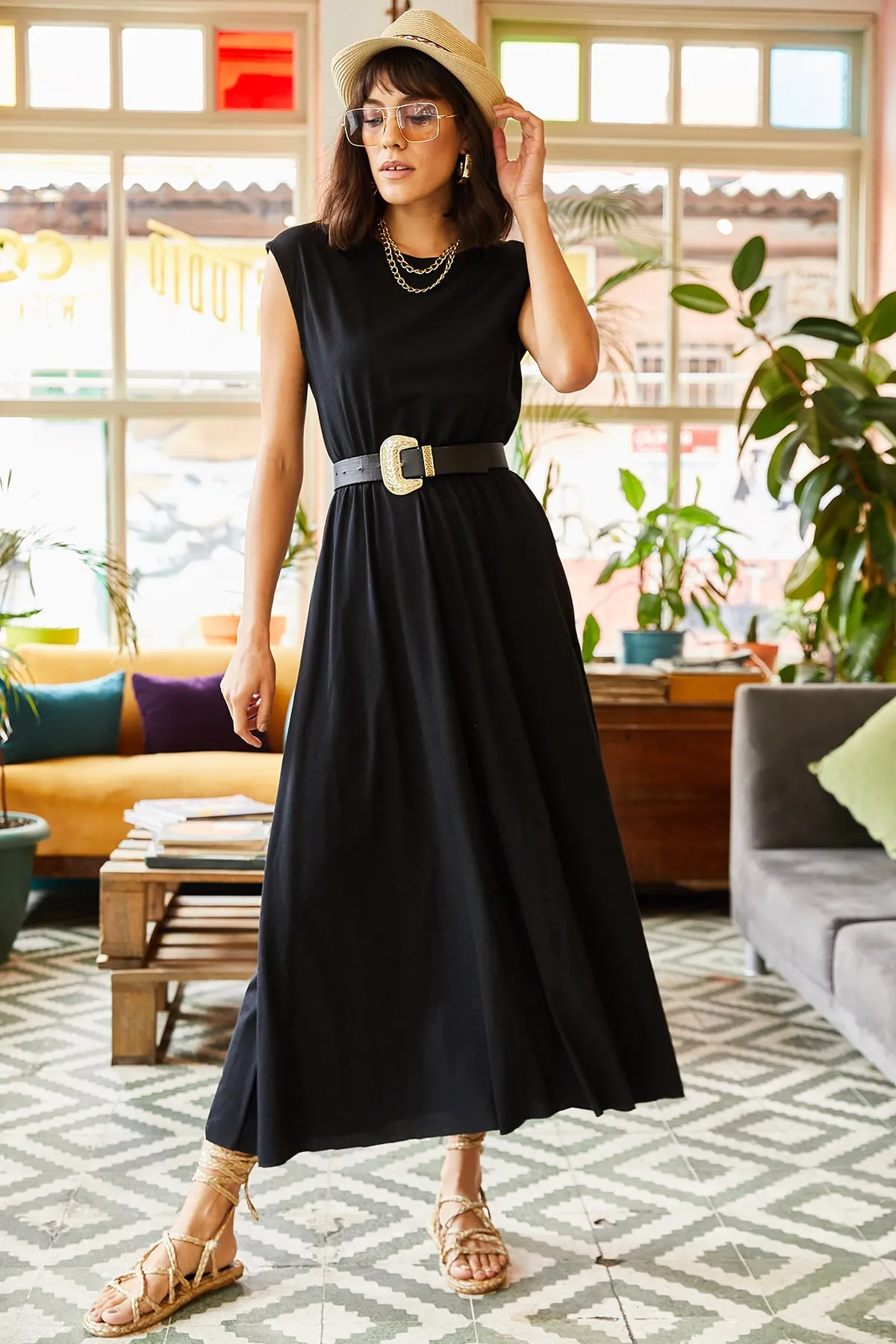 Olalook  Damenkleid aus gekämmter Baumwolle mit elastischem Bund in Schwarz ELB-19001509