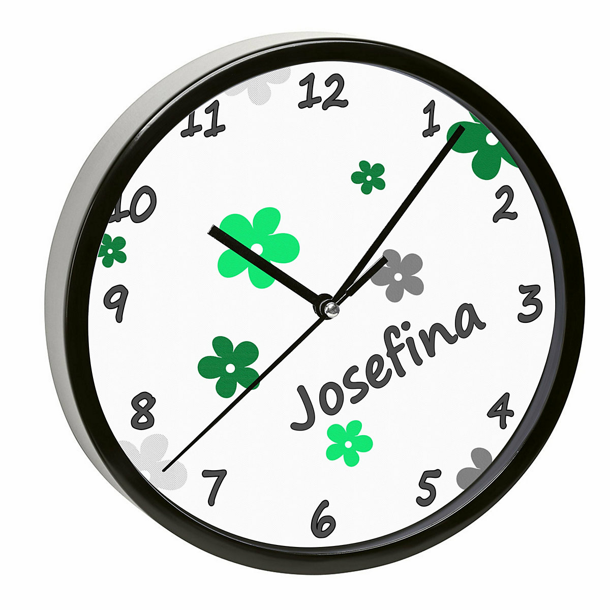 Kinder Wanduhr personalisiert mit Name Blumen Apfelgrün