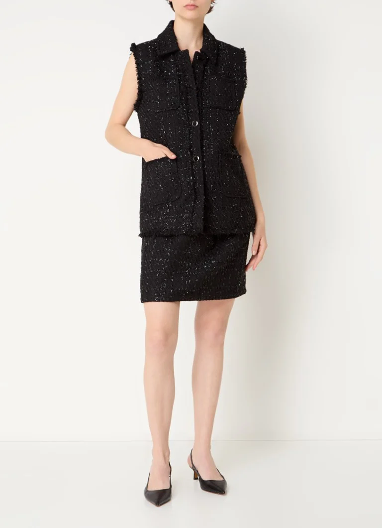 Fusta mini espresso bouclé cu inserții lurex.