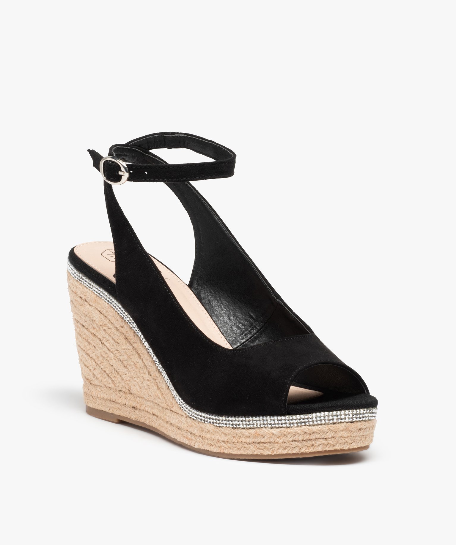 Sandales femme compensées en suédine unie et strass noir | GEMO